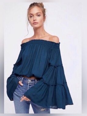 Free People Off-Shoulder Boho Blouse in Small/blue color
